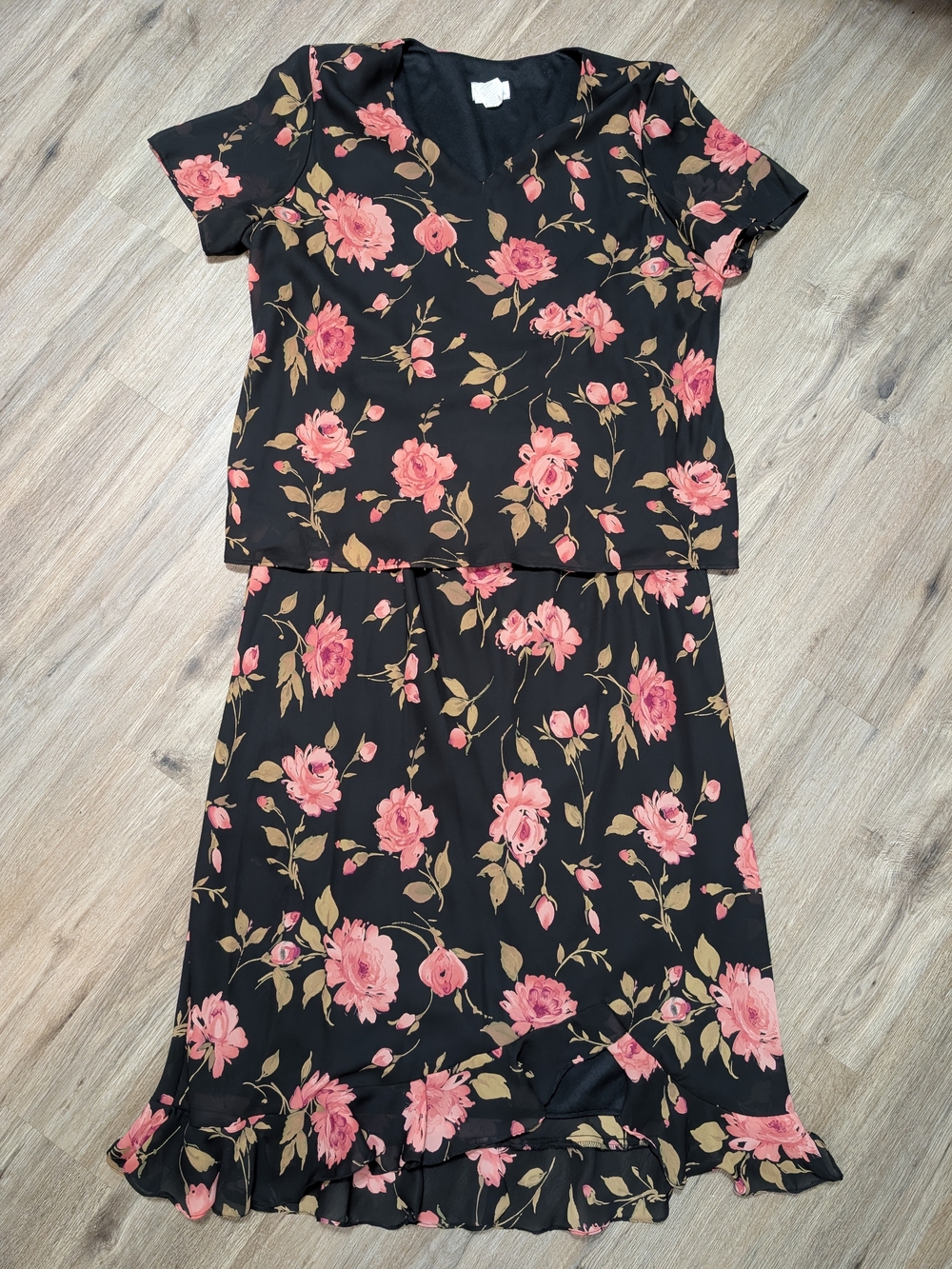 J.B.S. Black Floral Two-Piece Chiffon Skirt Set Pink Peony Rose Women's Plus 22W